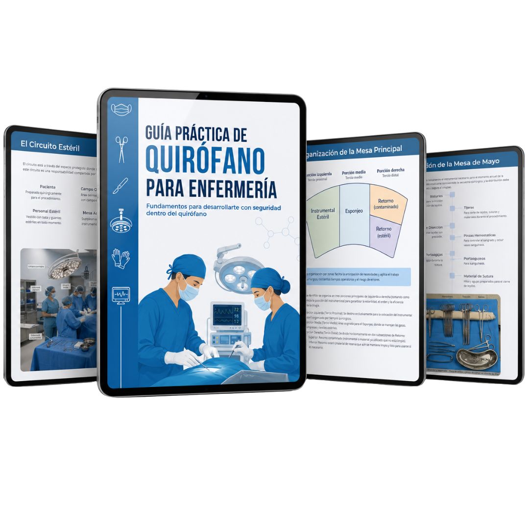 Guía práctica de quirófano para enfermería con vistas del manual y páginas interiores mostrando instrumental, circuito estéril y organización de mesas