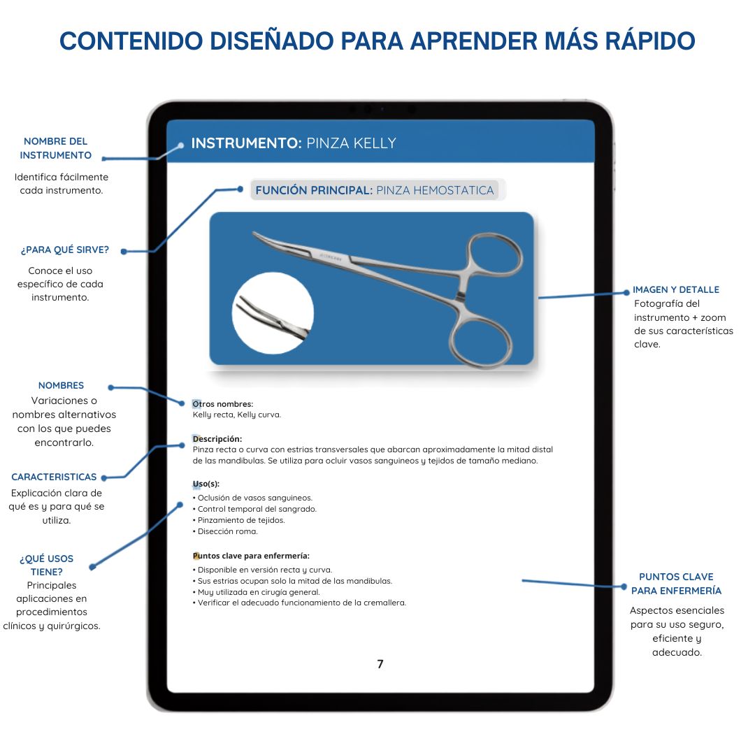Ejemplo de ficha de instrumental quirúrgico con nombre, función principal, descripción, usos y puntos clave para enfermería
