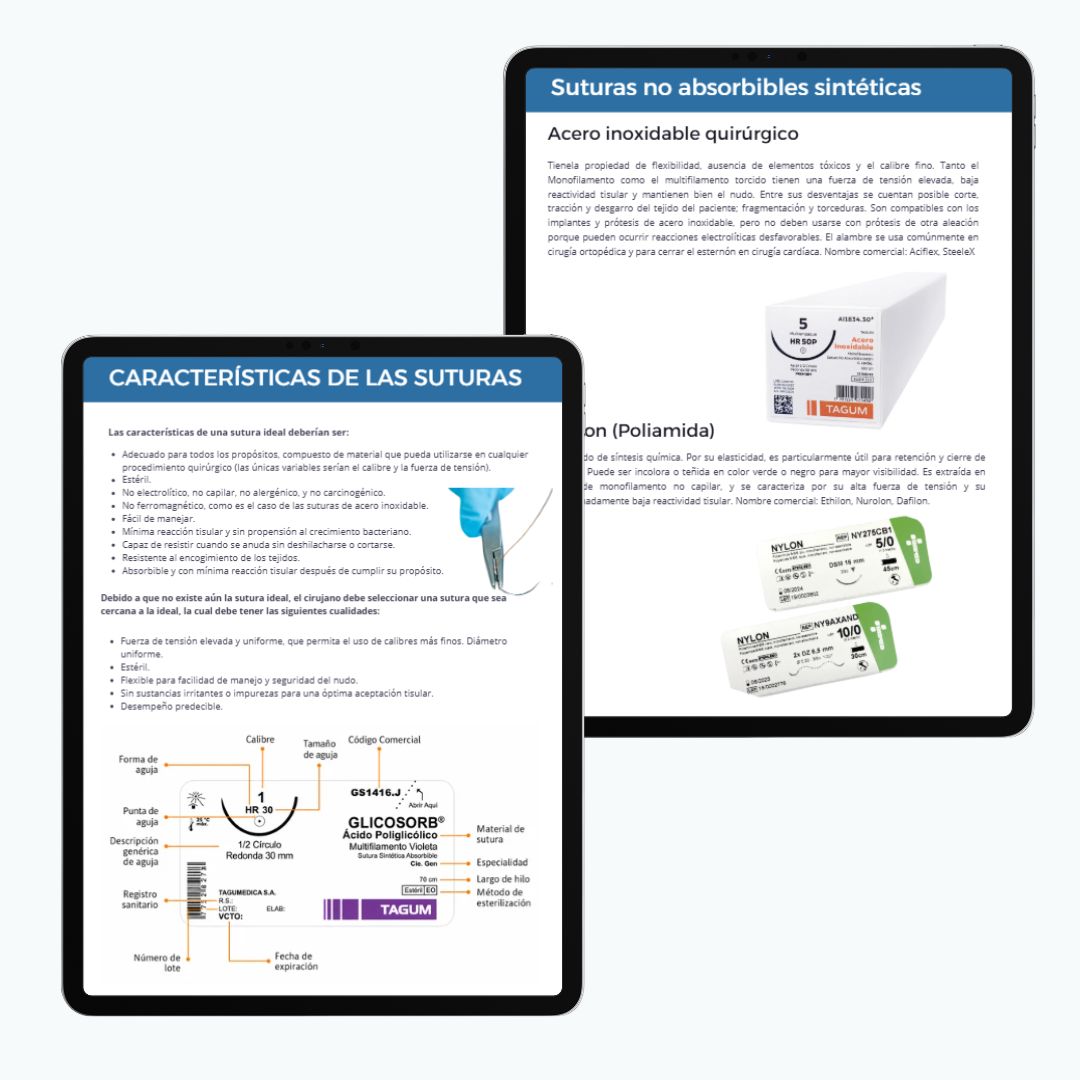 Guía de hilos de sutura quirúrgica: absorbibles, no absorbibles, agujas y calibres, con páginas interiores explicando características y tipos de suturas